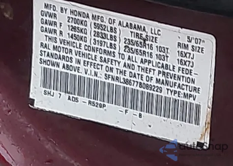 2007 Honda Odyssey Ex-L z USA, uszkodzony, nr VIN 5FNRL38677B089229